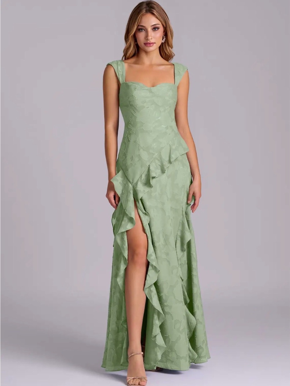 Azazie Sage Green Ruffled Formal Gown